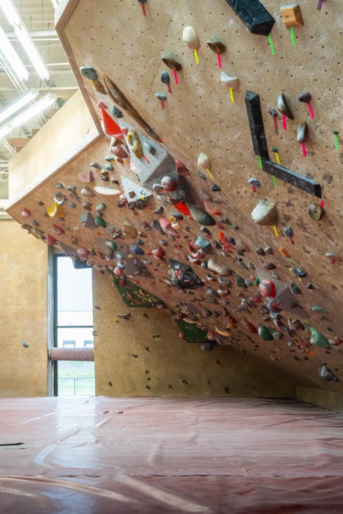 a steeply overhung bouldering wall